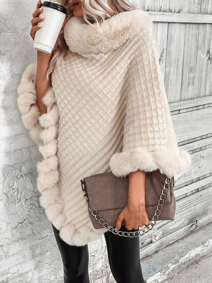 Faux Fur Trim Poncho Ponchos LoveAdora