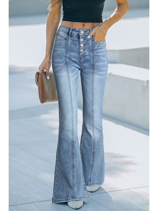 Button Fly Center Seam Flare Jeans