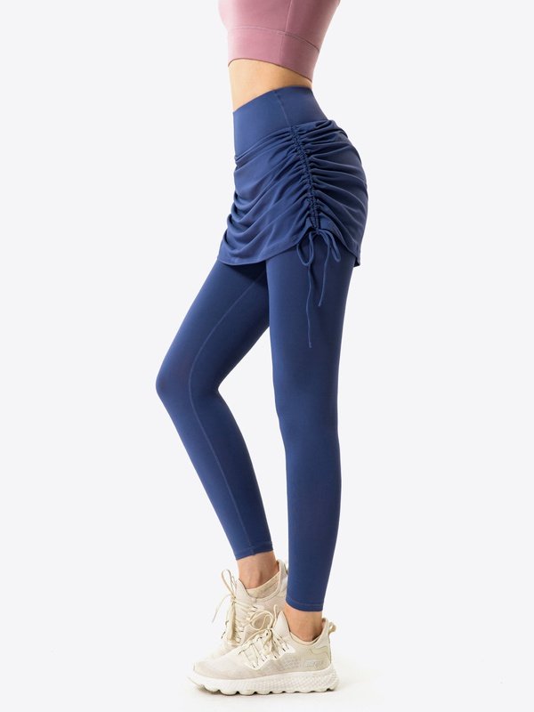 Drawstring Ruched Faux Layered Yoga Leggings Activewear LoveAdora