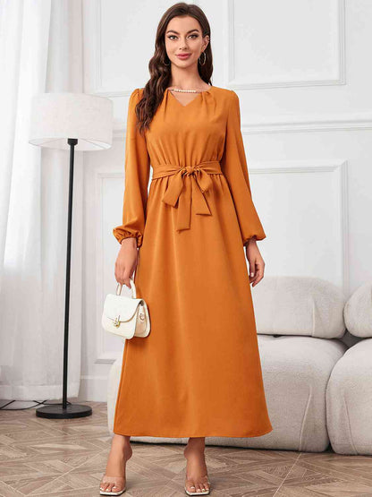 Tie Waist Puff Sleeve Maxi Dress