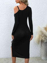 Load image into Gallery viewer, Asymmetrical Neck Drawstring Slit Dress