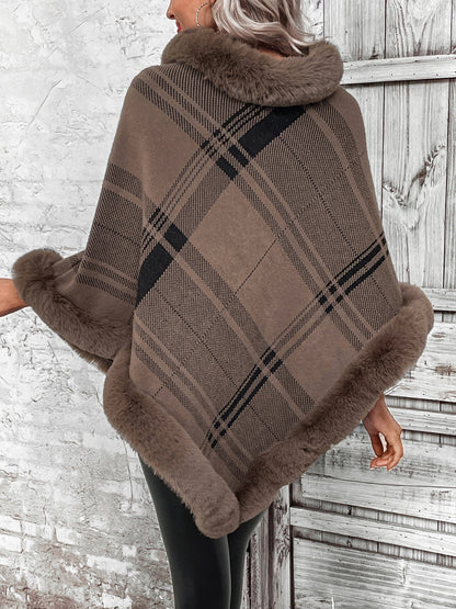 Plaid Faux Fur Trim Poncho Ponchos LoveAdora