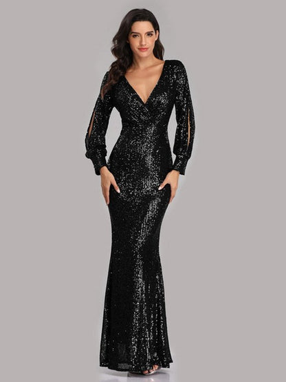 Sequin Puff Sleeve Plunge Fishtail Dress Evening Gown LoveAdora