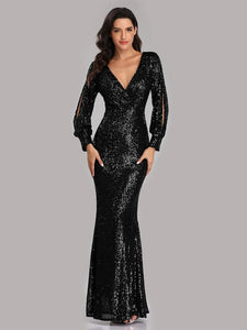 Sequin Puff Sleeve Plunge Fishtail Dress Evening Gown LoveAdora