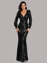 Load image into Gallery viewer, Sequin Puff Sleeve Plunge Fishtail Dress Evening Gown LoveAdora