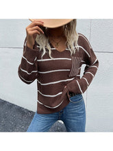 Load image into Gallery viewer, Striped V-Neck Slit Dropped Shoulder Sweater Sweaters, Pullovers, Jumpers, Turtlenecks, Boleros, Shrugs LoveAdora