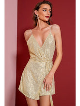 Load image into Gallery viewer, Sequin Spaghetti Strap Tie Waist Romper Jumpsuits &amp; Rompers LoveAdora