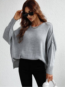 Exposed Seam Dropped Shoulder Slit Sweater Sweaters, Pullovers, Jumpers, Turtlenecks, Boleros, Shrugs LoveAdora