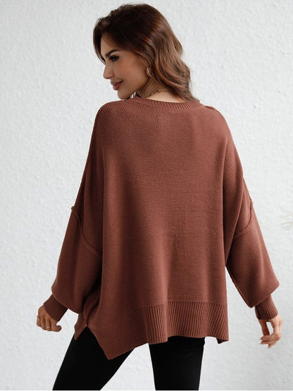 Exposed Seam Dropped Shoulder Slit Sweater Sweaters, Pullovers, Jumpers, Turtlenecks, Boleros, Shrugs LoveAdora