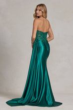 Load image into Gallery viewer, Satin Skirt Side Slit Embroidered Bodice Strapless Long Evening Dress NXE1174-8