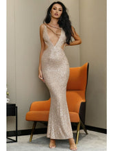 Load image into Gallery viewer, Sequin Chain Detail Deep V Cutout Dress Evening Gown LoveAdora