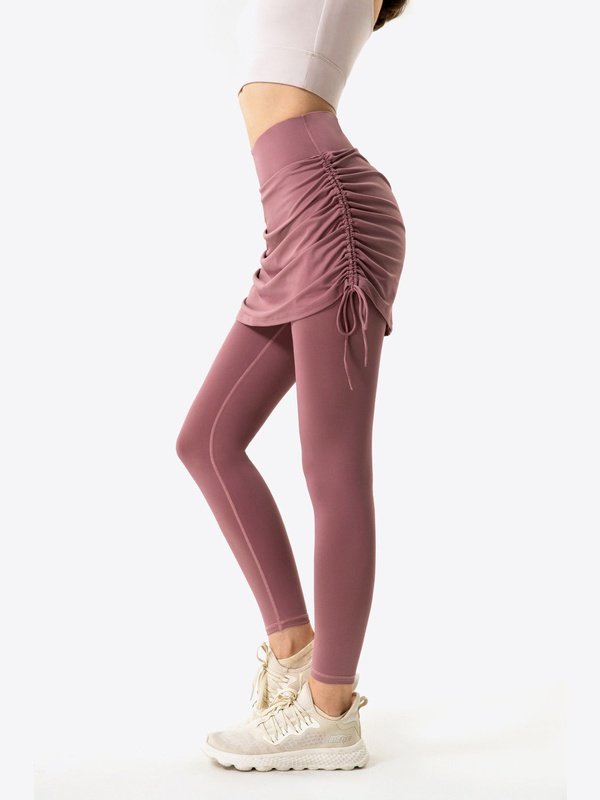 Drawstring Ruched Faux Layered Yoga Leggings Activewear LoveAdora