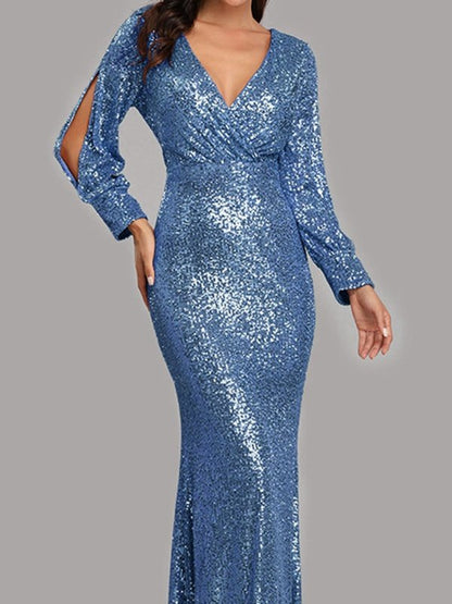 Sequin Puff Sleeve Plunge Fishtail Dress Evening Gown LoveAdora