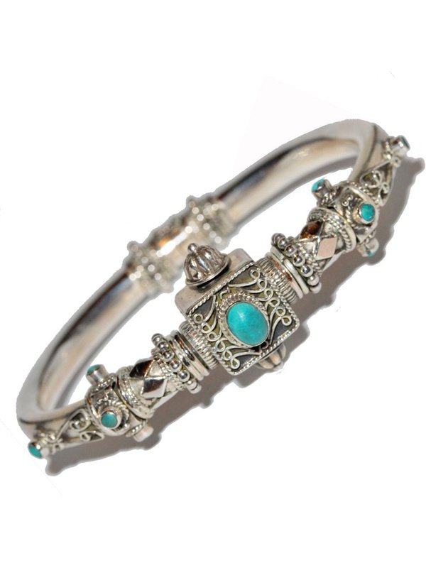 Artisan Unique Handmade Turquoise Scroll-work Hinged Bangle with Barrel Screw Clasp Jewelry LoveAdora