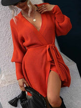 Load image into Gallery viewer, Long Sleeve Casual Elegant Mini Sweater Dress Belt Tied Sweater Dress LoveAdora