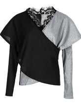 Load image into Gallery viewer, Colorblock Contrast Lace V-Neck Wrap Ribbed Tops Women Sweater LoveAdora