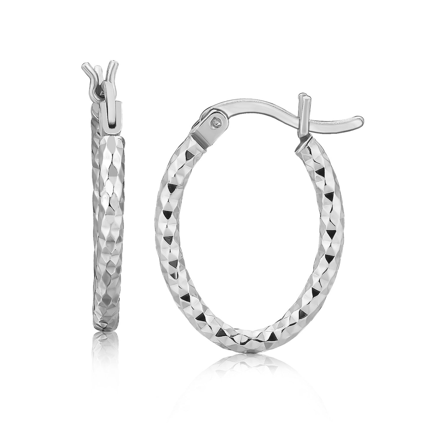 Sterling Silver Rhodium Plated Small Oval Hoop Diamond Cut Textured Earrings