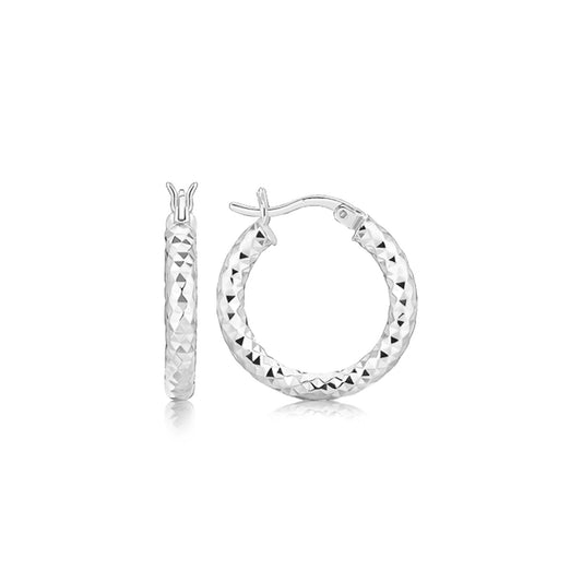 Sterling Silver Polished Rhodium Plated Faceted Hoop Style Earrings