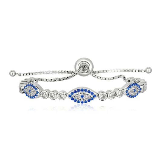 Sterling Silver Adjustable Enameled Evil Eye Bracelet with Cubic Zirconias