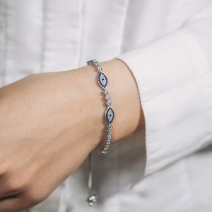 Sterling Silver Adjustable Enameled Evil Eye Bracelet with Cubic Zirconias