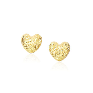 14k Yellow Gold Puffed Heart Earrings with Diamond Cuts