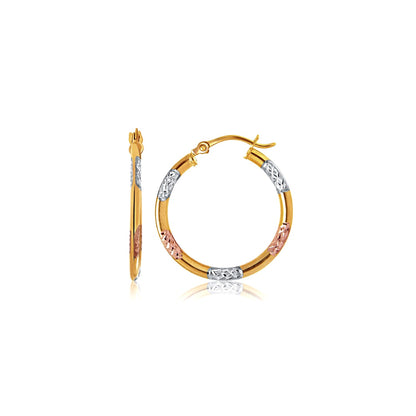 10k Tri-Color Gold Classic Hoop Earrings with Diamond Cut Details