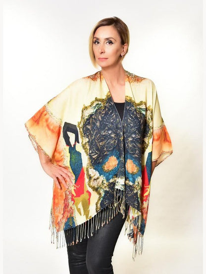 Ladies multicolor kimono with bottom fringe