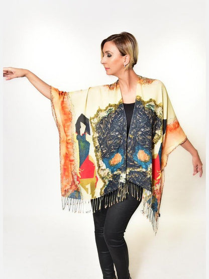 Multicolor ladies kimono with gentle snap and fringe