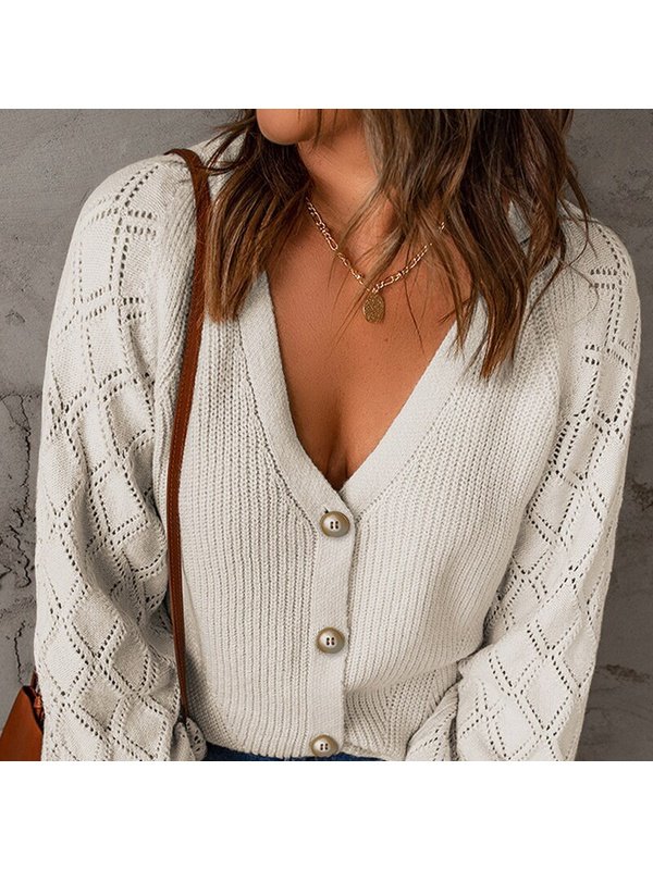 Solid Rhombus Puff Sleeve Knitted Sweater Sweaters & Hoodies LoveAdora
