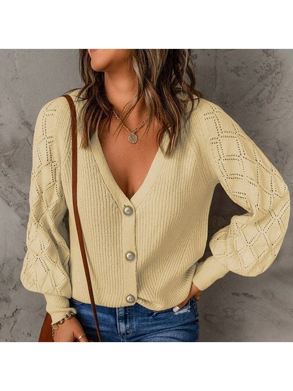 Solid Rhombus Puff Sleeve Knitted Sweater