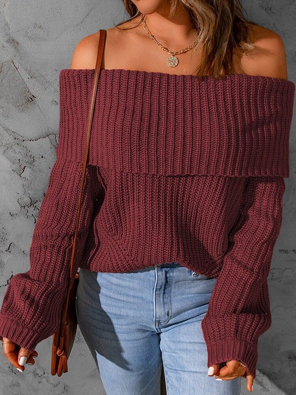 Slash Neck Knitted Sweater Sweaters & Hoodies LoveAdora