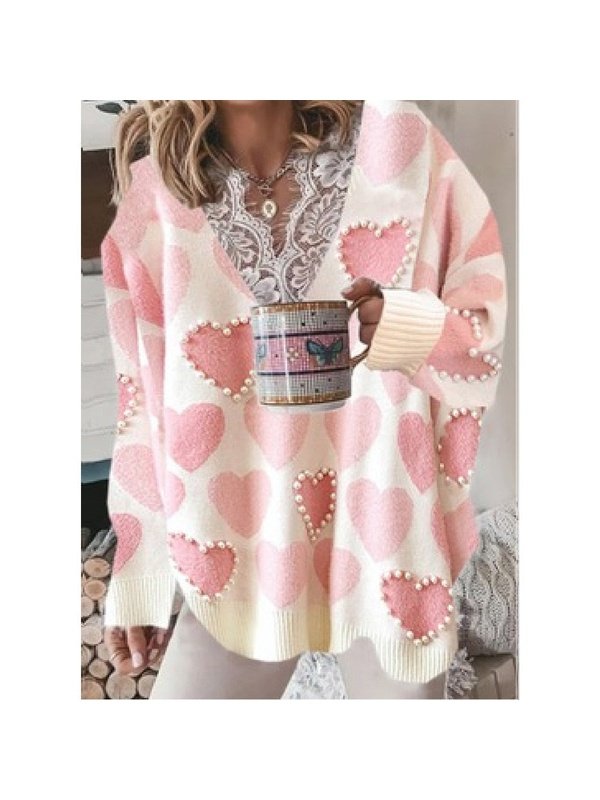 Fashion Sweaters Women Autumn Winter Lace V Neck Heart Print Knit Sweaters & Hoodies LoveAdora