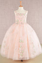 Floral Embroidery Embellished Ruched Bodice Mesh with Lace-up Back Quinceanera Kids Dress GLGK109-2