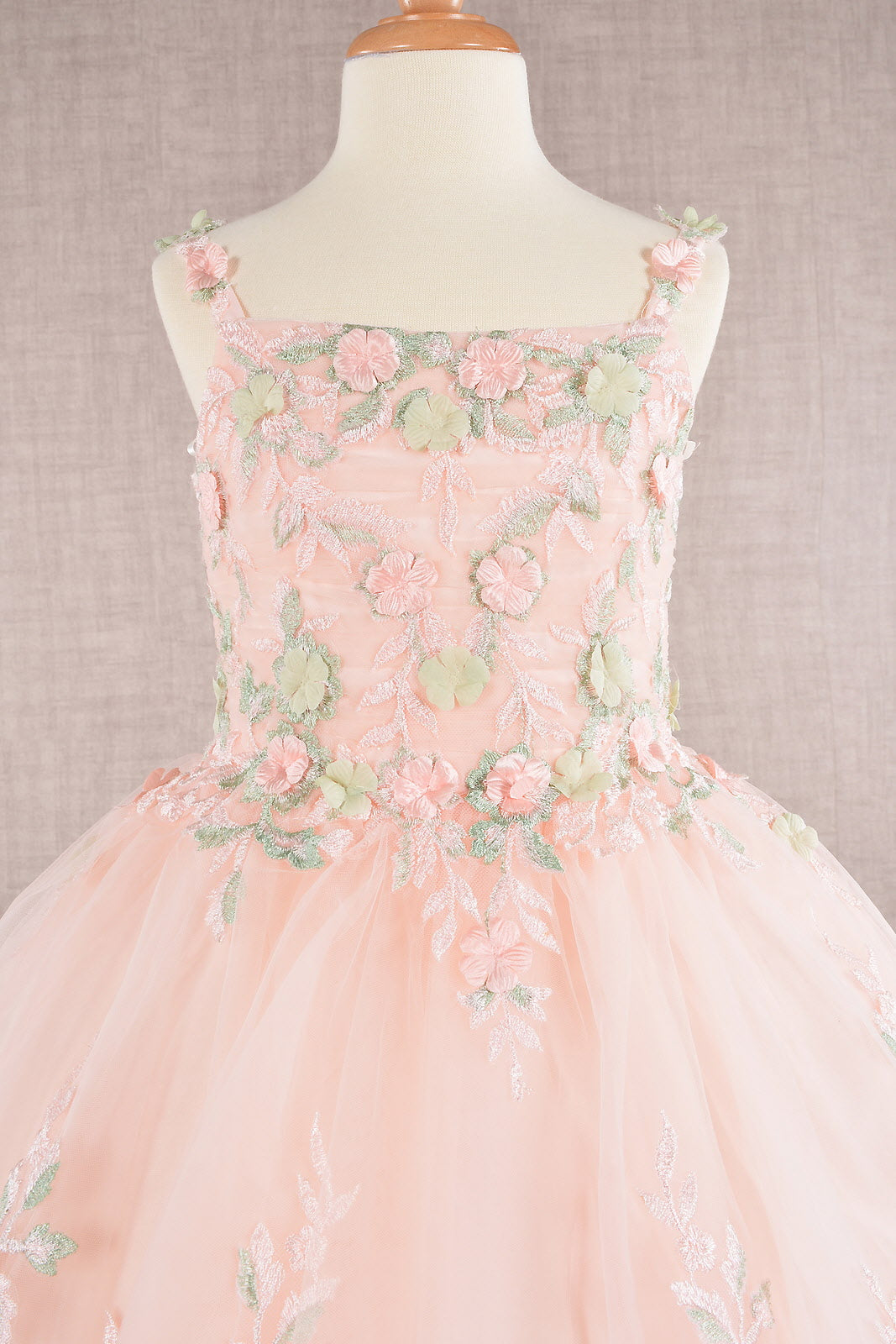 Floral Embroidery Embellished Ruched Bodice Mesh with Lace-up Back Quinceanera Kids Dress GLGK109-4