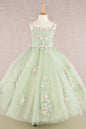 Floral Embroidery Embellished Ruched Bodice Mesh with Lace-up Back Quinceanera Kids Dress GLGK109-0