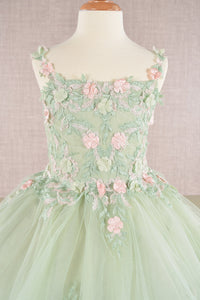 Floral Embroidery Embellished Ruched Bodice Mesh with Lace-up Back Quinceanera Kids Dress GLGK109-7