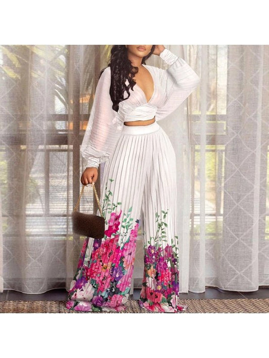 Sexy Deep V Neck Batwing Sleeve Pleated Crop Tops High Waist Floral