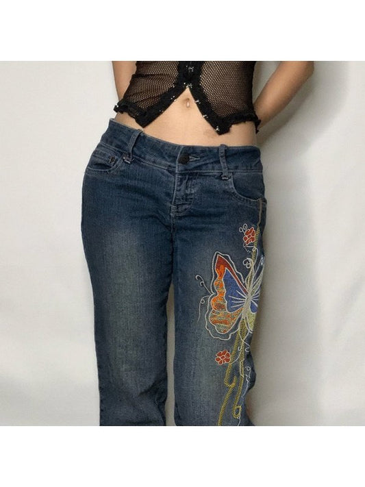 Retro Butterfly Print Y2K Denim Jeans Low Waisted Vintage Cargo Jeans LoveAdora