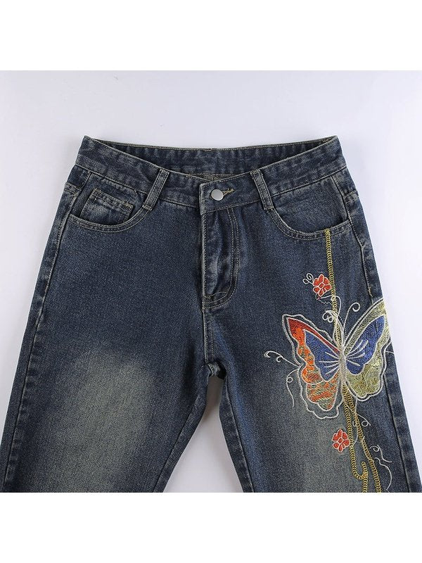 Retro Butterfly Print Y2K Denim Jeans Low Waisted Vintage Cargo