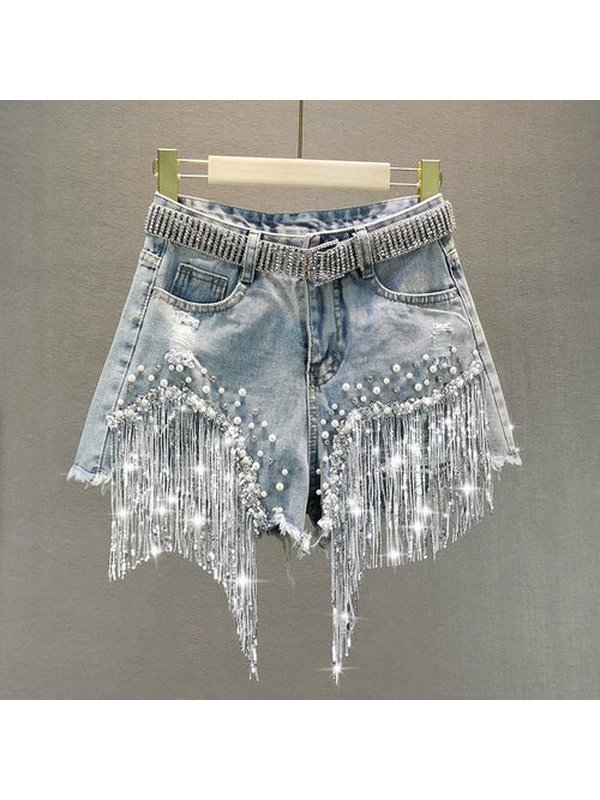 Shorts Tassel Beading High Waist Wide Leg Denim Shorts Jeans LoveAdora