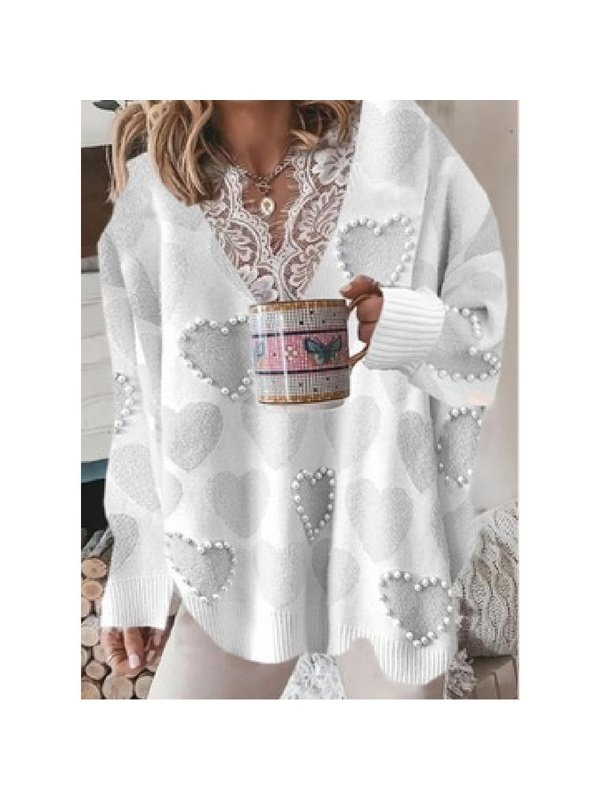 Fashion Sweaters Women Autumn Winter Lace V Neck Heart Print Knit Sweaters & Hoodies LoveAdora