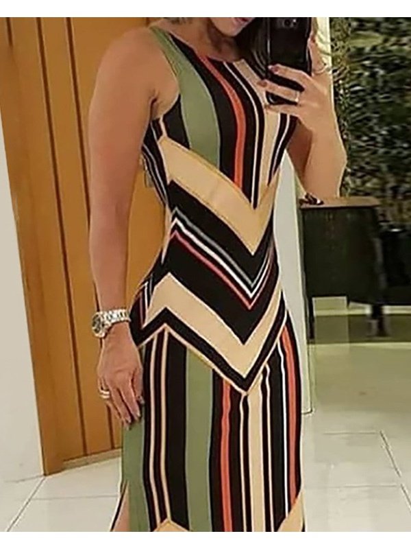 Colorful Striped Print Side Slit Maxi Dress Dresses LoveAdora