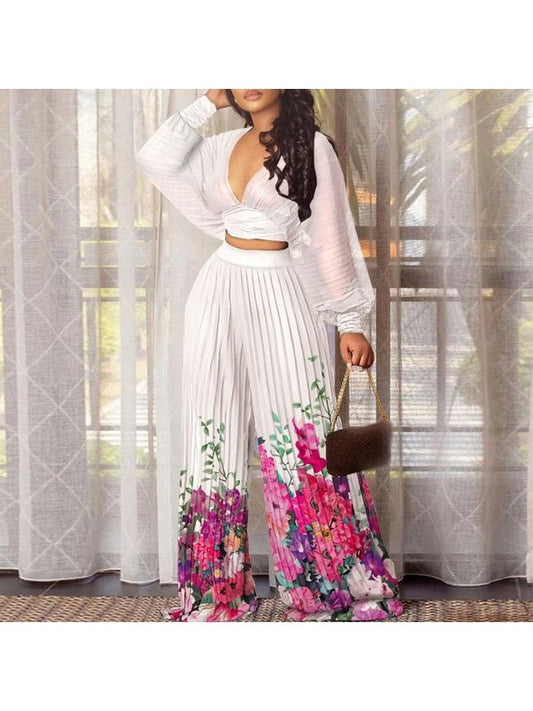 Sexy Deep V Neck Batwing Sleeve Pleated Crop Tops High Waist Floral Matching Sets LoveAdora