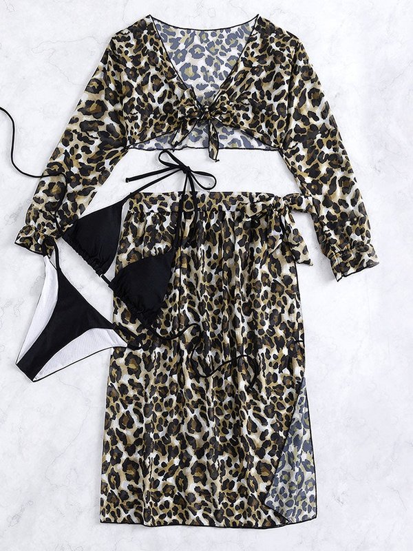 Sexy Four Pieces Bikini with Long Sleeve Cover Up Leopard Swimsuit Swimwear LoveAdora