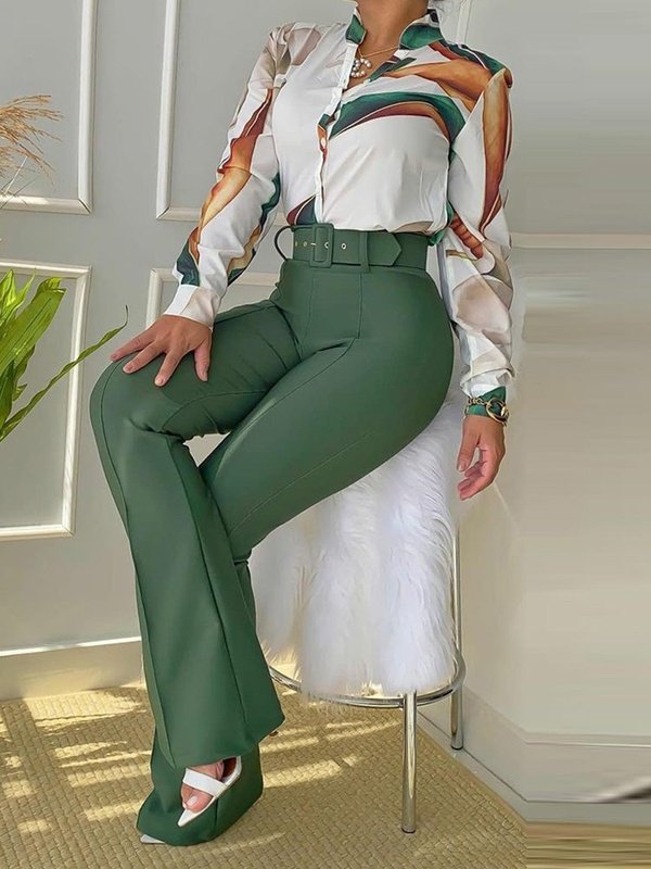 Leaf Print Buttoned Shirt & High Waist Pants Outfits Matching Sets LoveAdora