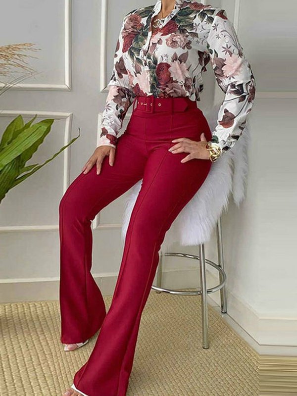 Leaf Print Buttoned Shirt & High Waist Pants Outfits Matching Sets LoveAdora