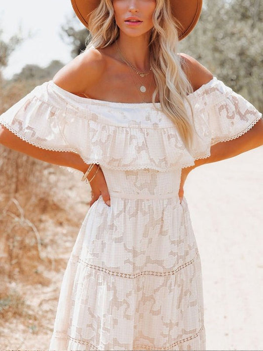 Slash Neck Off Shoulder Embroidery Lace Boho Dress Dresses LoveAdora