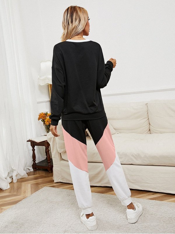 Chevron Color Block Sweatshirt and Joggers Set Activewear Set LoveAdora