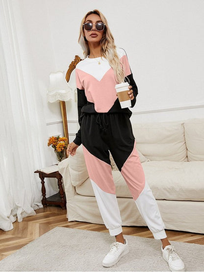 Chevron Color Block Sweatshirt and Joggers Set Activewear Set LoveAdora