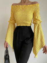 Load image into Gallery viewer, Polka Dot Print Bell Sleeve Shirred Off Shoulder Women Crop Blouse Tops &amp; Blouses LoveAdora